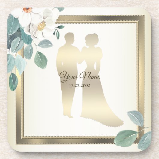 Green Leaves Flower Golden Frame Wedding Party コースター (正面)