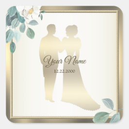 Green Leaves Flower Golden Frame Wedding Party スクエアシール