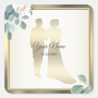 Green Leaves Flower Golden Frame Wedding Party スクエアシール