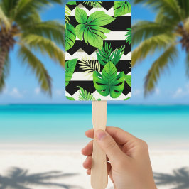  Green Leaves on B&W Stripes Fans - Modern ハンドファン