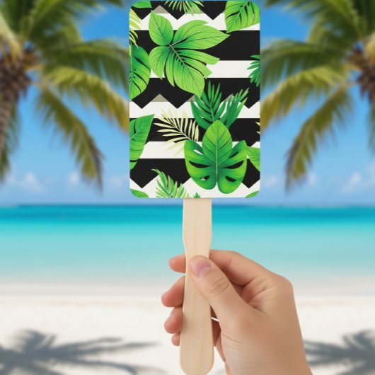  Green Leaves on B&W Stripes Fans - Modern ハンドファン