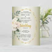 Green Leaves Pink Floral Golden Geometric Wedding 招待状 (スタンド正面)