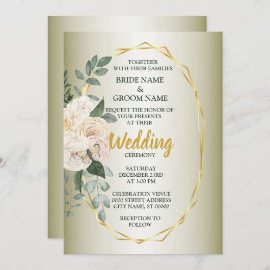 Green Leaves Pink Floral Golden Geometric Wedding 招待状 (正面/裏面)