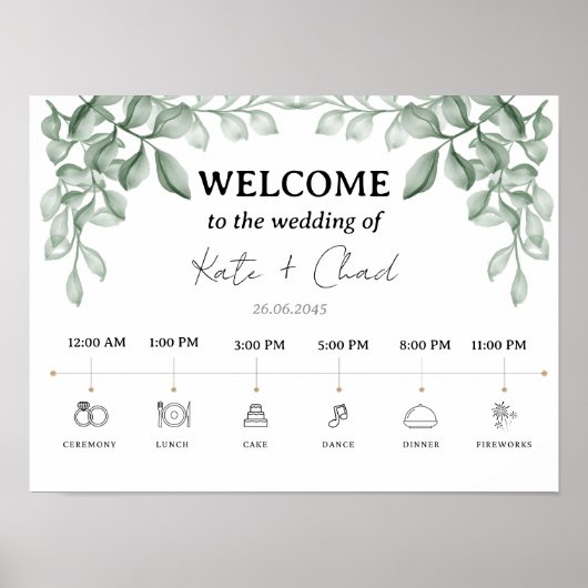 Green Leaves Wedding Welcome & Timeline Poster ポスター (正面)