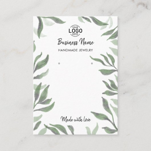 Green Leaves White Jewelry Earrings Display Card 名刺 (正面)
