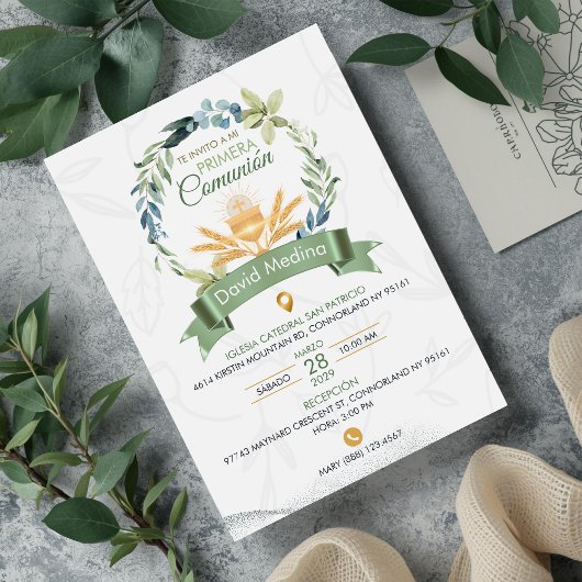 Green Leaves Wreath First Holy Communion Catholic 招待状