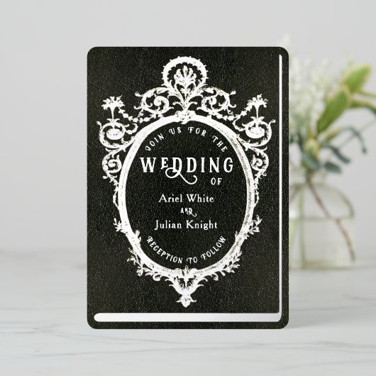 Green Library Book Wedding Ornate Frame Silver 箔招待状 (立ち正面)