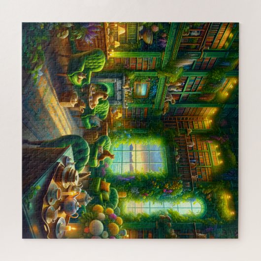 Green Library Cat Tea Time Coastal View ジグソーパズル (横)