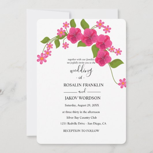 green & light magenta floral wedding 招待状 (正面)