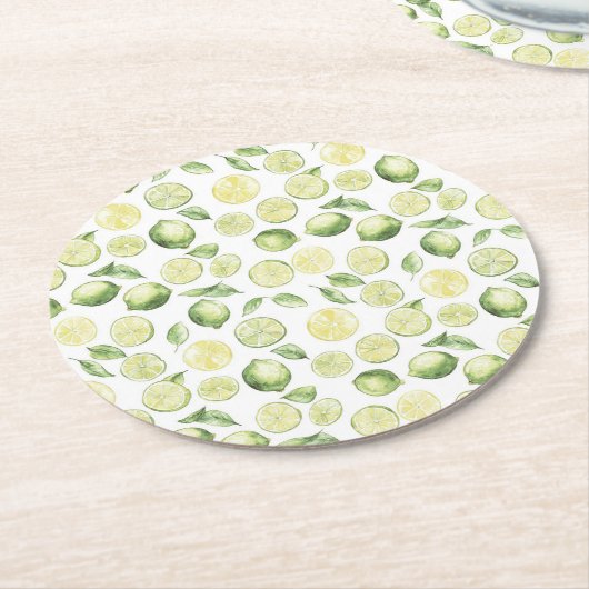 Green Limes Leaves Fruit ラウンドペーパーコースター (アングル)