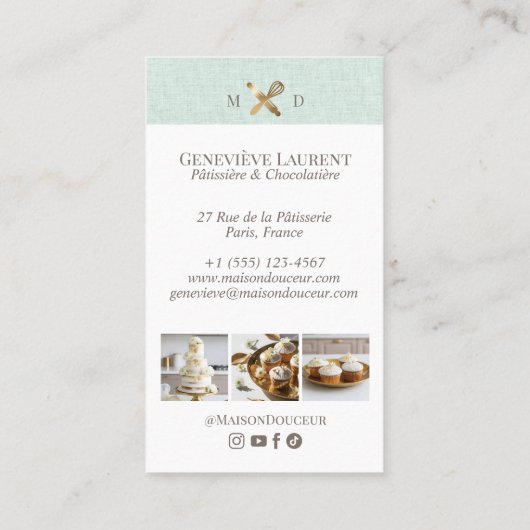 Green Linen Elegant Chic Bakery Gold Whisk Photo  名刺 (裏面)
