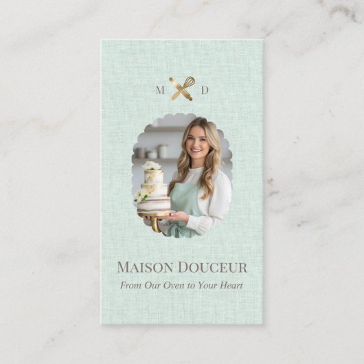 Green Linen Elegant Chic Bakery Gold Whisk Photo  名刺 (正面)