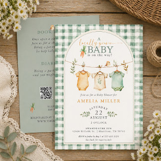 Green Locally Grown Baby Clothesline Baby Shower 招待状