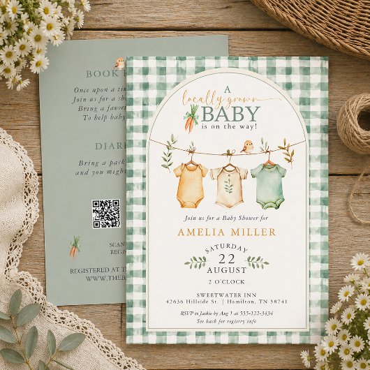 Green Locally Grown Baby Clothesline Baby Shower 招待状