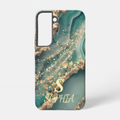 Green marble chic gold glitter monogram samsung galaxyケース (裏面)