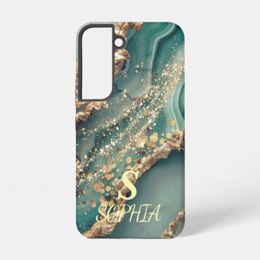 Green marble chic gold glitter monogram samsung galaxyケース (裏面)