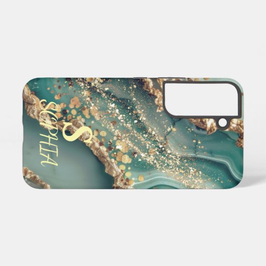 Green marble chic gold glitter monogram samsung galaxyケース (裏面横)