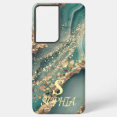 Green marble chic gold glitter monogram samsung galaxyケース (裏面)