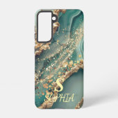Green marble chic gold glitter monogram samsung galaxyケース (裏面)