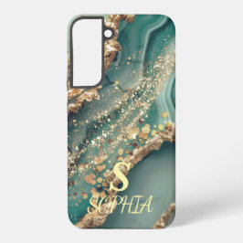 Green marble chic gold glitter monogram samsung galaxy s22+ケース