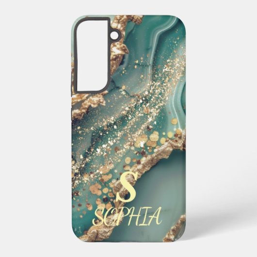 Green marble chic gold glitter monogram samsung galaxyケース (裏面)