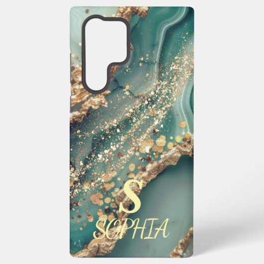 Green marble chic gold glitter monogram samsung galaxyケース (裏面)