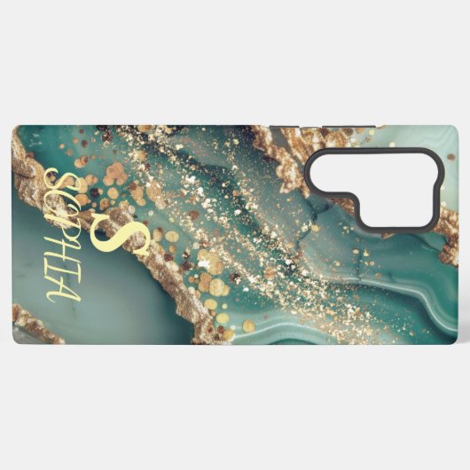 Green marble chic gold glitter monogram samsung galaxyケース (裏面横)