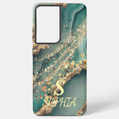 Green marble chic gold glitter monogram samsung galaxyケース (裏面)