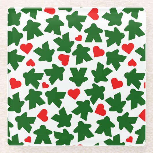 Green Meeple with Red Heart ガラスコースター (正面)