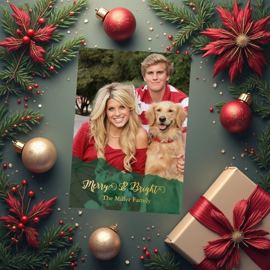 green Merry & Bright Christmas family Photo gold 箔シーズンカード