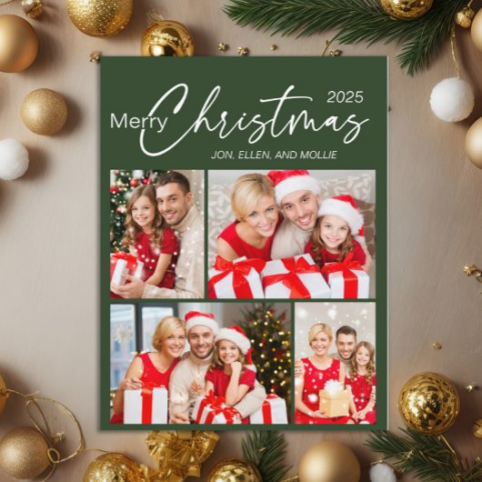 Green Merry Christmas 4 Photo Holiday ポストカード