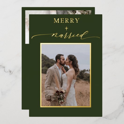 Green Merry Newlyweds 2 Photos Wedding Christmas 箔シーズンカード (正面/裏面)