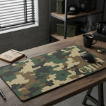 Green Military Retro Camouflage Stencil Monogram デスクマット<br><div class="desc">Bring a tactical and personalized edge to your workspace with this custom camouflage desk mat. Perfect for gamers, military personnel, and outdoor enthusiasts, this large mousepad features a classic retro camo pattern in green, brown, and black. The durable, non-slip rubber base and smooth fabric surface provide a superior tracking experience...</div>