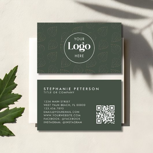 Green Minimalist Botanical Custom Logo QR Code 名刺