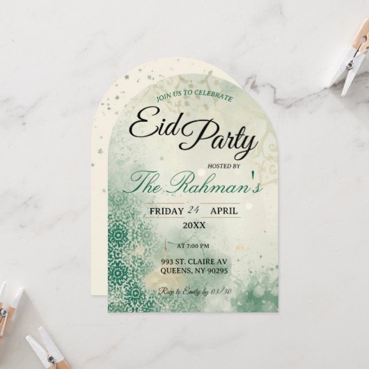Green Minimalist elegant Eid Party Invitation Card 招待状 (正面/裏面インサイチュ)