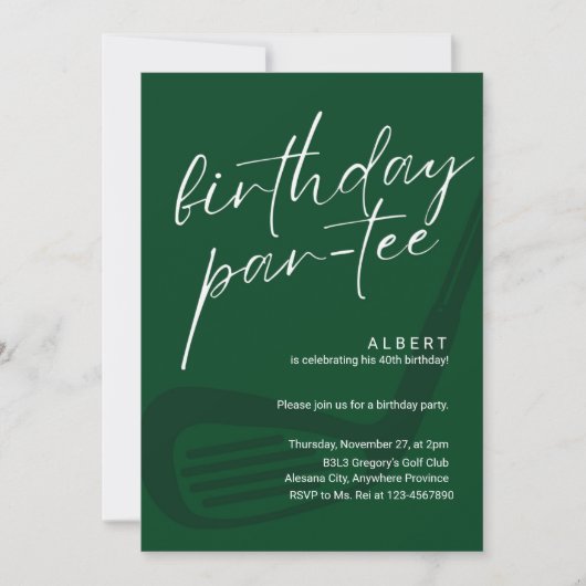 Green Minimalist Men Golf Birthday Par-Tee 招待状 (正面)