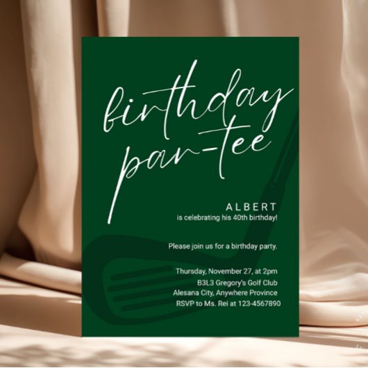 Green Minimalist Men Golf Birthday Par-Tee 招待状