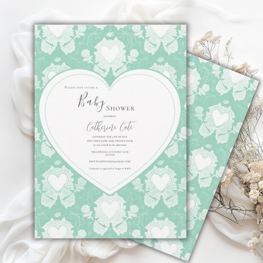 Green Mint Floral Whimsical Heart Baby Shower  招待状