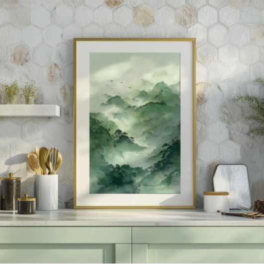 Green Misty Mountain Landscape Art キャンバスプリント
