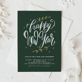 Green Modern Calligraphy and Wreath New Year Party 招待状