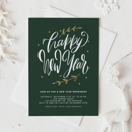 Green Modern Calligraphy and Wreath New Year Party 招待状