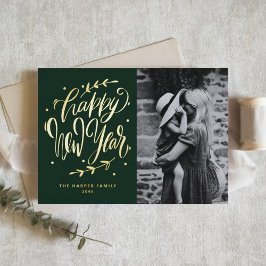 Green Modern Calligraphy and Wreath New Year Photo 箔シーズンカード