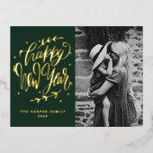 Green Modern Calligraphy and Wreath New Year Photo 箔シーズンポストカード (正面)