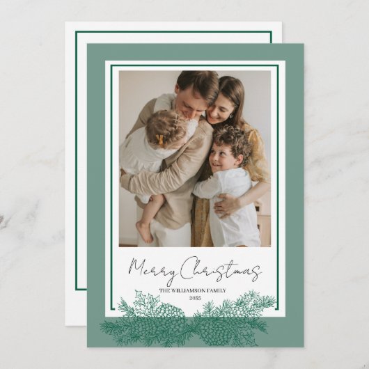 Green Modern Elegant Botanical Photo Christmas シーズンカード (正面/裏面)