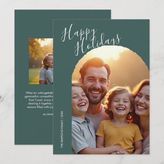 Green Modern Script Happy Holidays Arch 2 Photo Ho シーズンカード (正面/裏面)