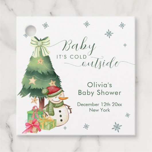 Green Modern Winter Snowman Baby Shower フェイバータグ (正面)