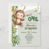 Green Monkey Wild One Safari First Birthday 招待状 (正面)