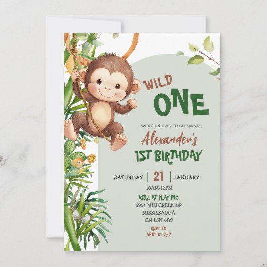 Green Monkey Wild One Safari First Birthday 招待状 (正面)