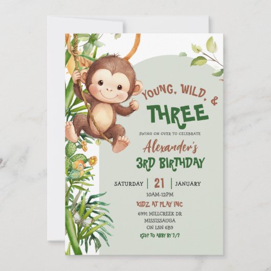 Green Monkey Young Wild Three Third Birthday 招待状 (正面)