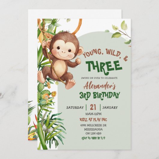 Green Monkey Young Wild Three Third Birthday 招待状 (正面/裏面)
